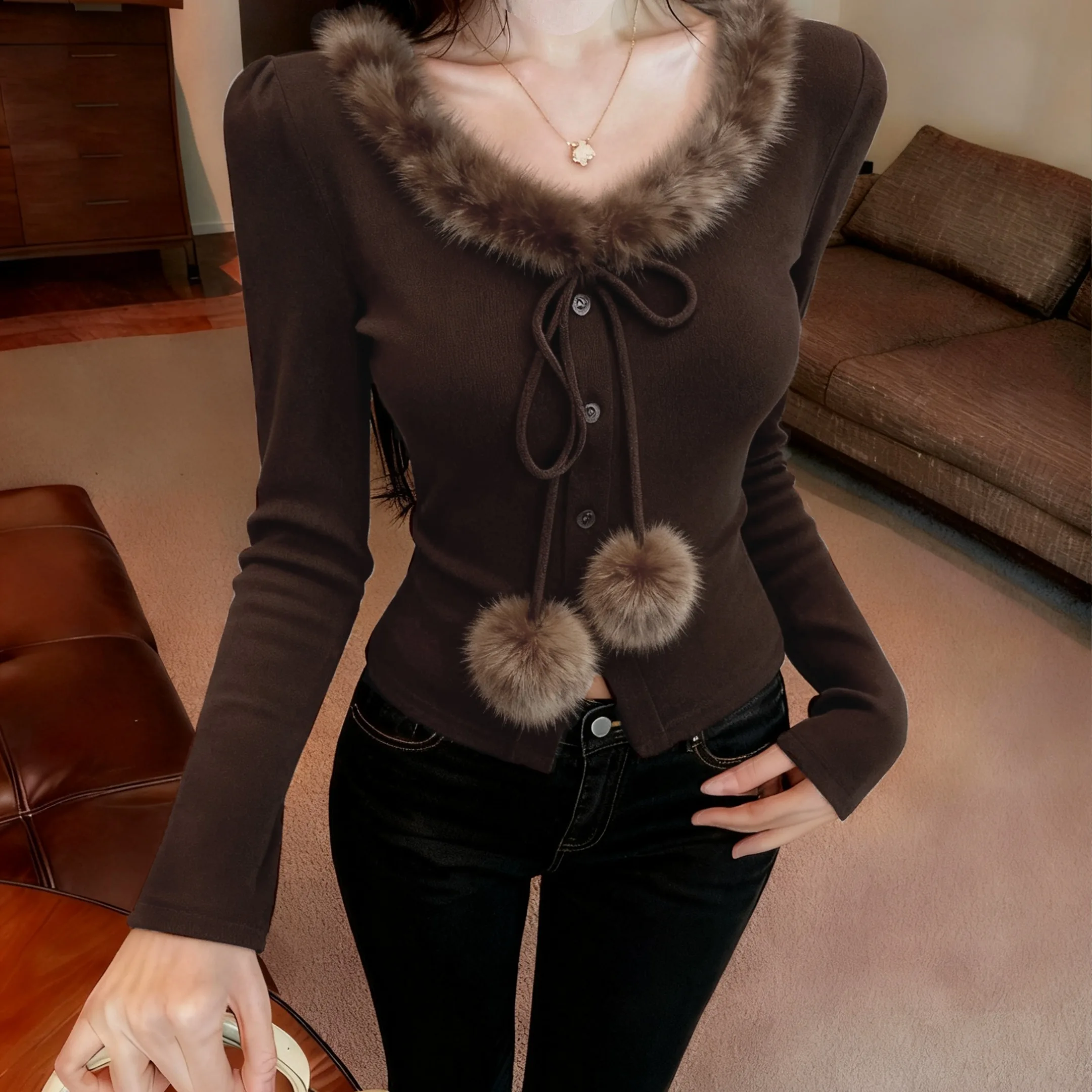 Modny kołnierz z futra, ozdobny sznur, podstawa z kulką, odzież wierzchnia, zimowy, nowy, elegancki, damski, modny T-shirt, codzienny, jednolity kolor.