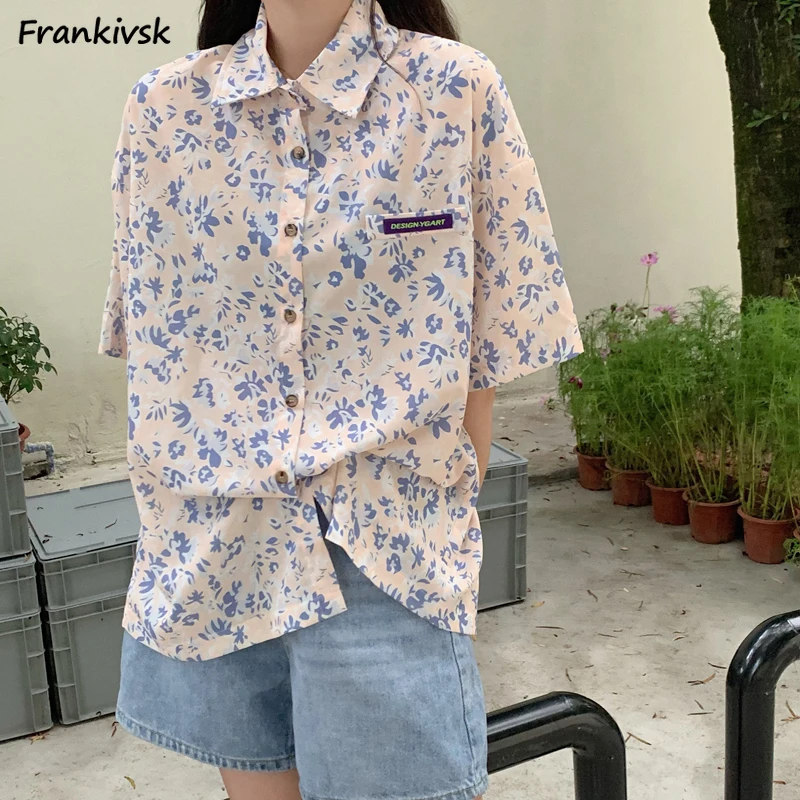 

Spring Summer Shirts Women Purple-floral All-match Half Sleeve Hong Kong Style Vintage Clothing Daily College Aesthetic Hipster