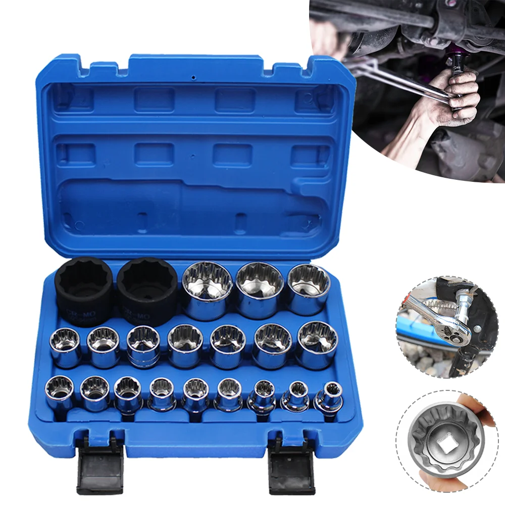Set di 21 pezzi di bussole con blocco a ingranaggi da 8-36 mm, chiave a cricchetto, set di bussole Torx da 1/2, bussole a 12 punte con denti multipli per meccanici, ideale per la riparazione di auto.