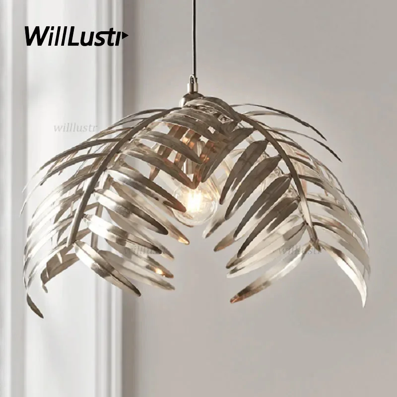 Iron Palm Leaf Pendant Lamp Hotel Homestay Living Dining Bedroom Ceiling Chandelier Metal Hanging Suspension Lighting