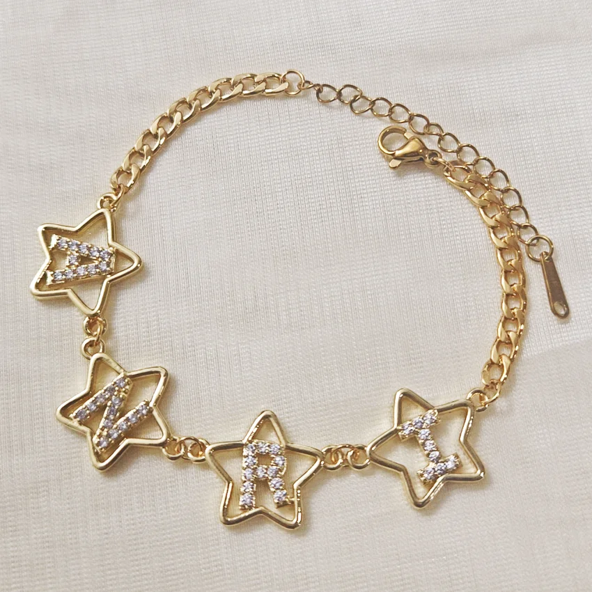 Women's customized pentagram letter personalized crystal letter Cuban chain bracelet jewelry gift