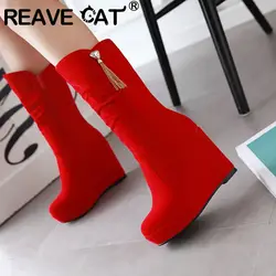 REAVE CAT Fashion Women Mid Calf Boots Round Toe Wedges 11cm Platform 3cm Decoration 42 43 Sexy Female Bota