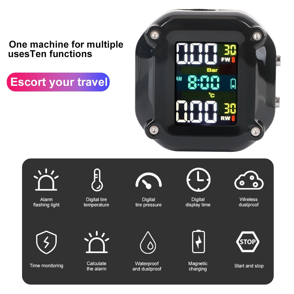 Moto TPMS 0-6.6bar Test sistema di monitoraggio della pressione dei pneumatici 2 sensori Display colorato Tester per pneumatici accessori per moto