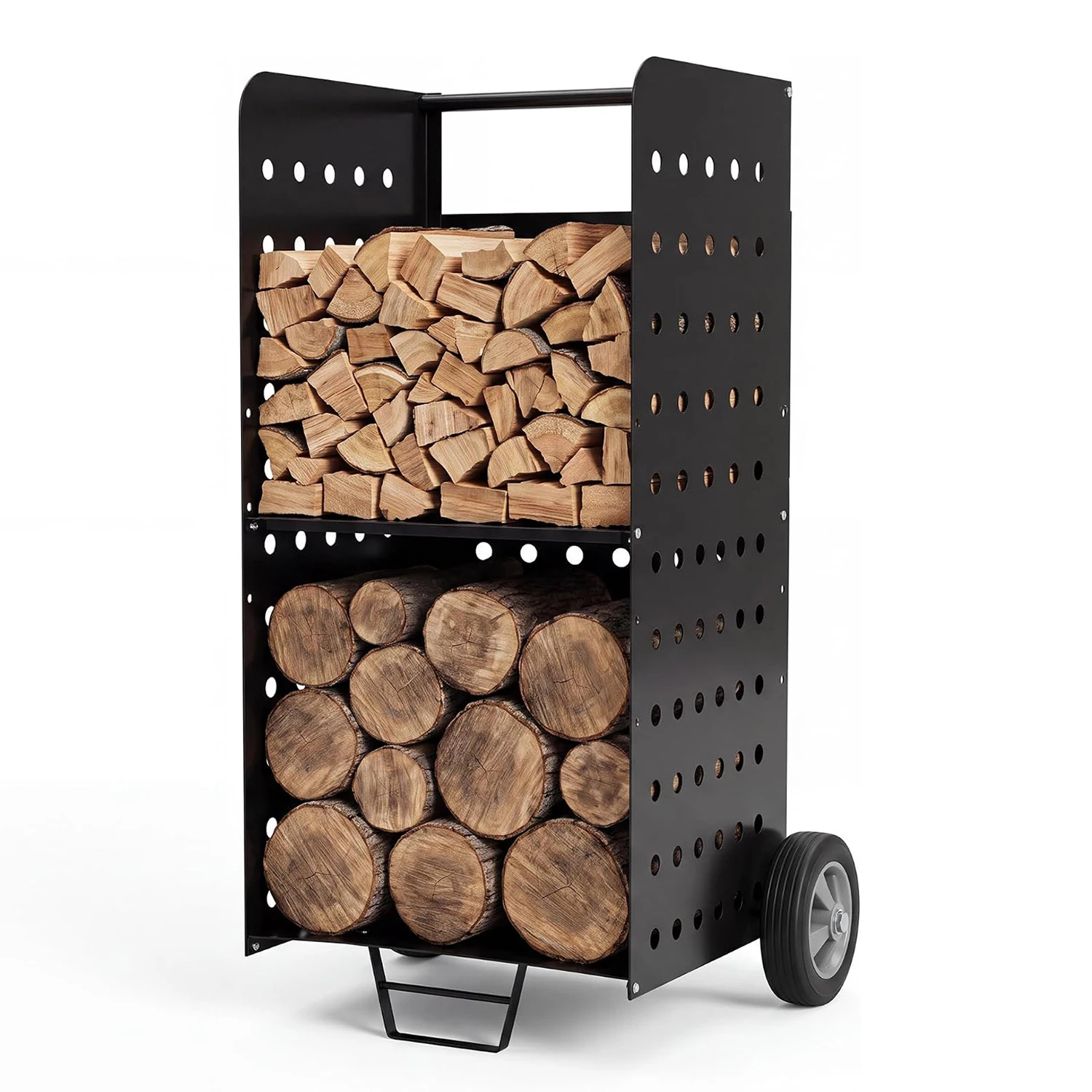 500LB Firewood Rack With Wheels, Log Cart Carrier, Heavy Duty Wood Storage Stand With Adjustable Shelf, For Fireplace, Fire Pit, Patio & Garage