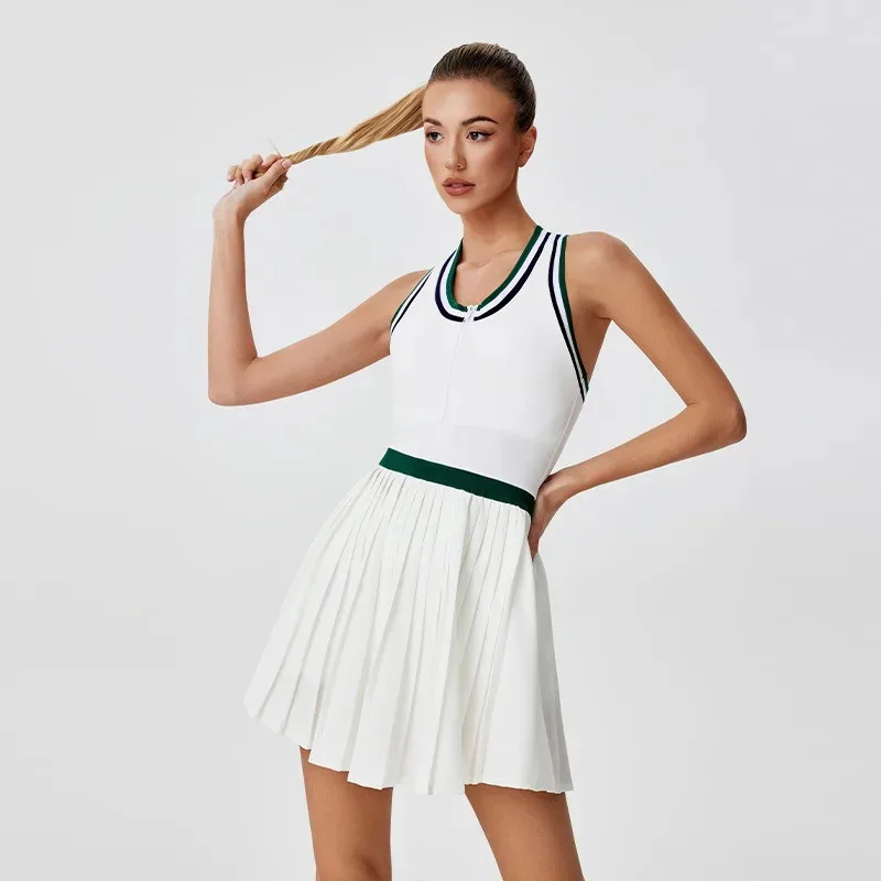 Women's Tennis Dresses Sleeveless Pleated Sports Dress Quick Dry Yoga Training Set Badminton Outfits With Shorts