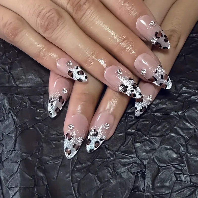 10pcs High-end Leopard print and cat eyes flashing handmade fake nails, Leopard print Hottie medium long nail decoration patch image 3