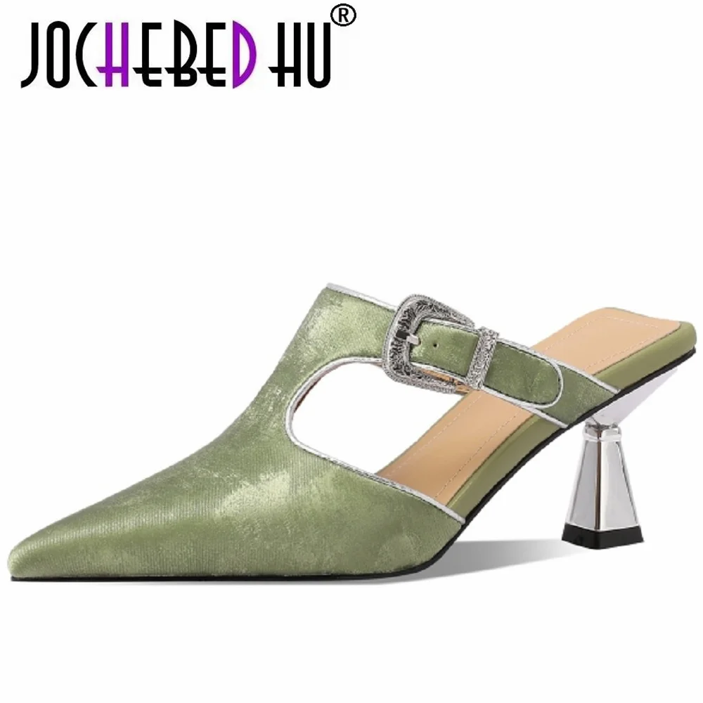 

【JOCHEBED HU】Closed Toe Retro Genuine Leather Sandals Real Leather Elegant Ladies Summer Shoes New Mules Style Woman Shoes