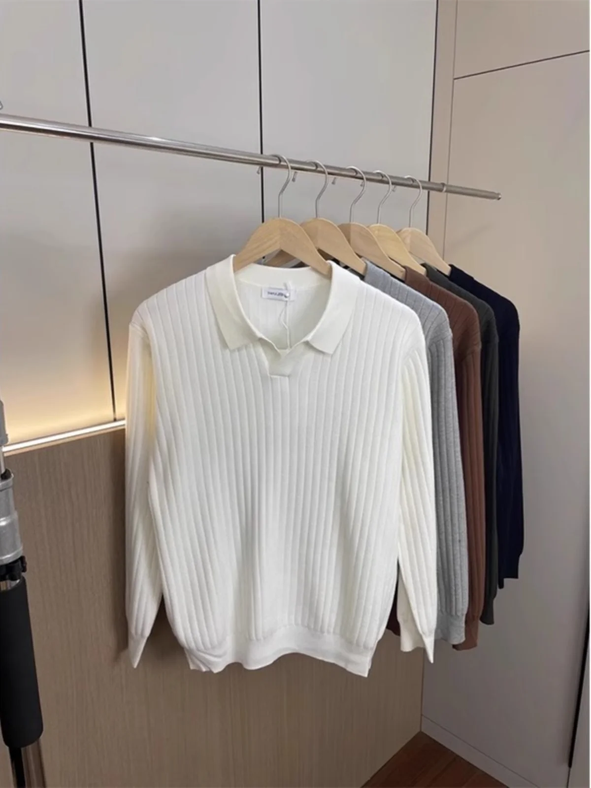 

Fall 2024 Men's Collared Knitwear Long Sve Casual Base Layer Top Pure Color Simple Versatile V-Ne Busin Sle Youth F...