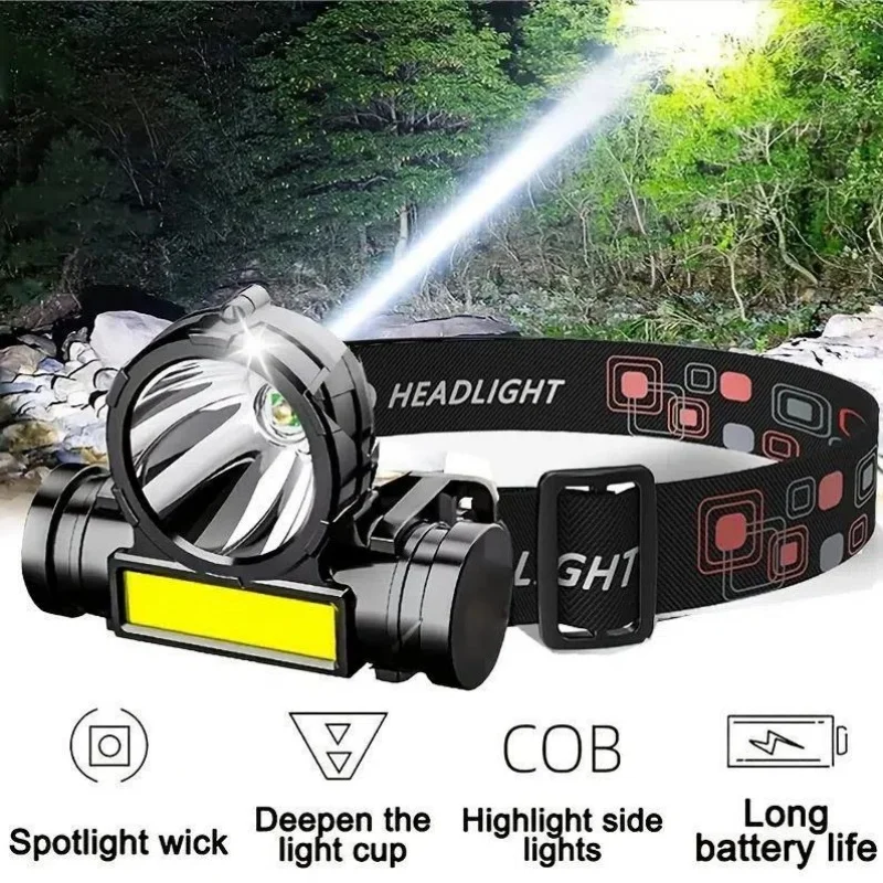 

LED USB Rechargeable COB Headlamp 1200 mA Powerful Headlight Super Bright Waterproof Head Torch For Outdoor dual light sources