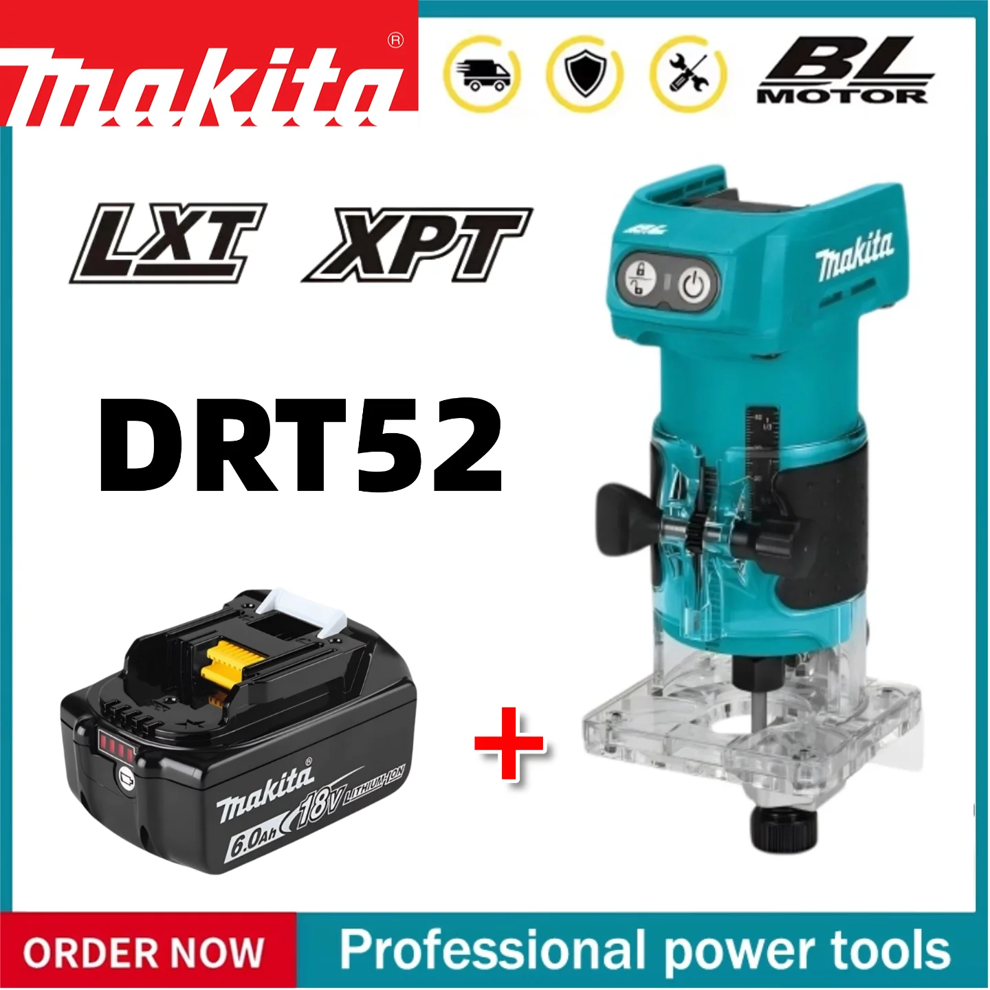 

Makita DRT52 wireless woodworking trimmer 18V, multi-function electric woodworking milling machine with slotting 18V Battery
