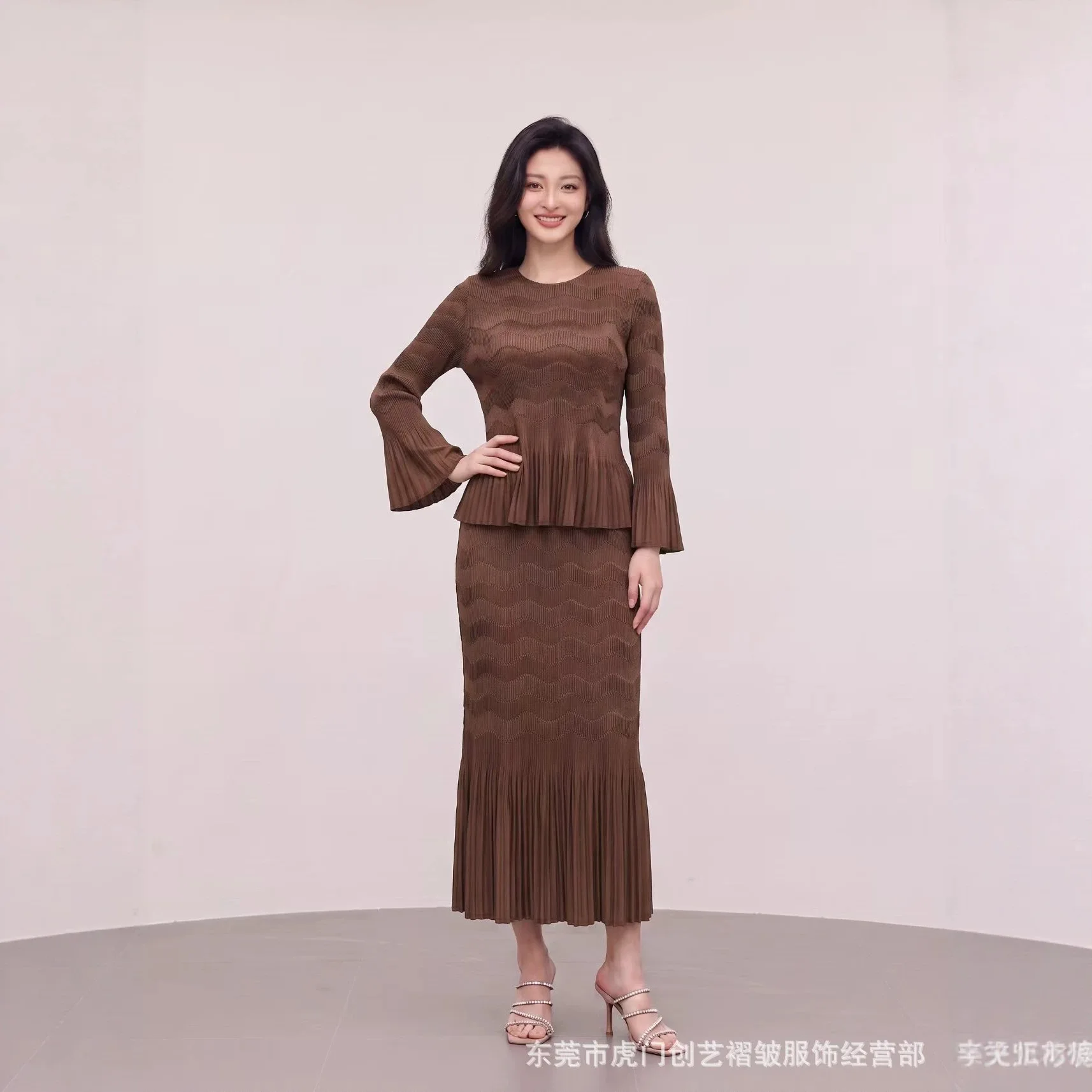 Miyake Fashion Pleated Plus-size Luxury Women.'s Clothing, Elegant Flared Sleeves, Slimming Two-piece Set For Women. Clothes
