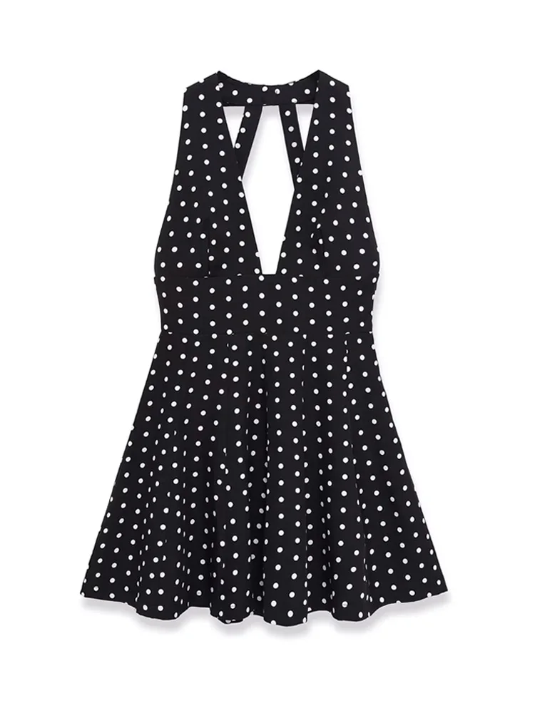 فستان نسائي قصير برقبة رسن منقط بتفاصيل فيونكة بدون ظهر فساتين حفلات صيفية غير رسمية