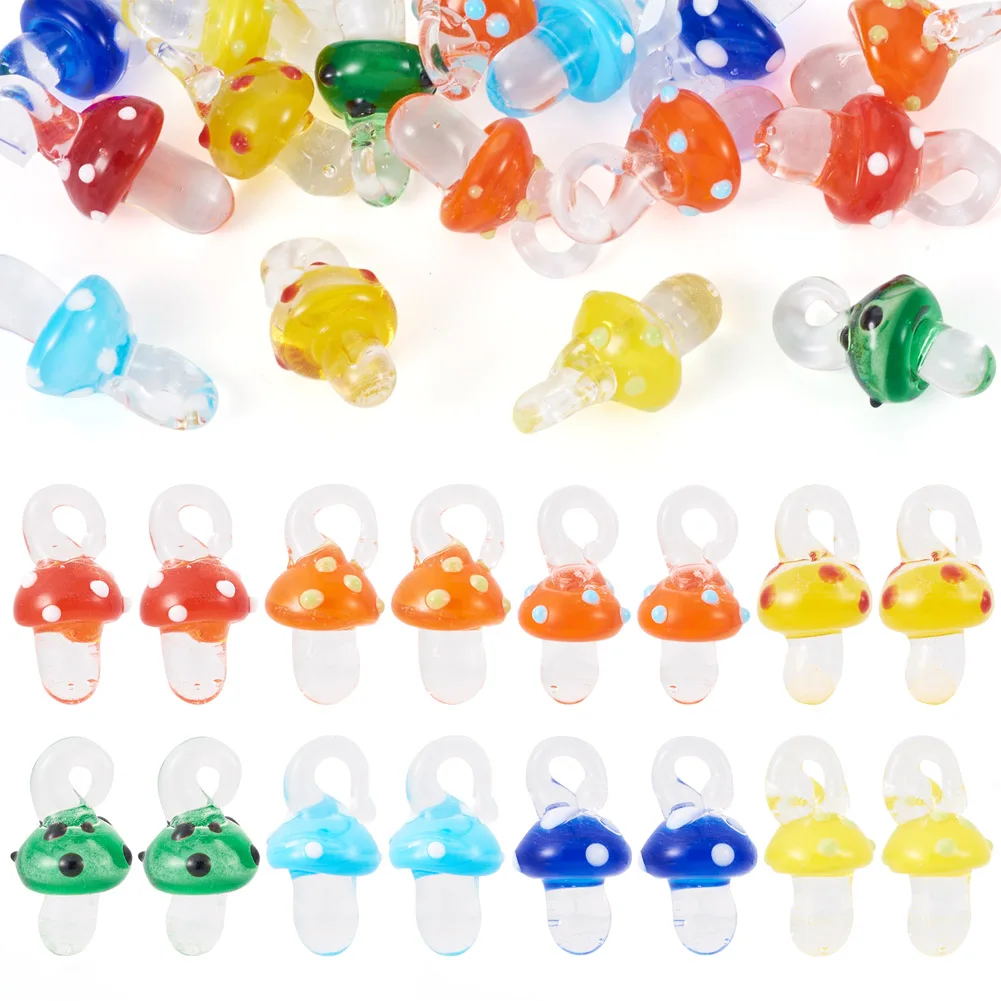 16Pcs Mushroom Lampwork Pendants Handmade Glass Dangle Charms for DIY Bracelet Necklace Jewelry Making Supplies