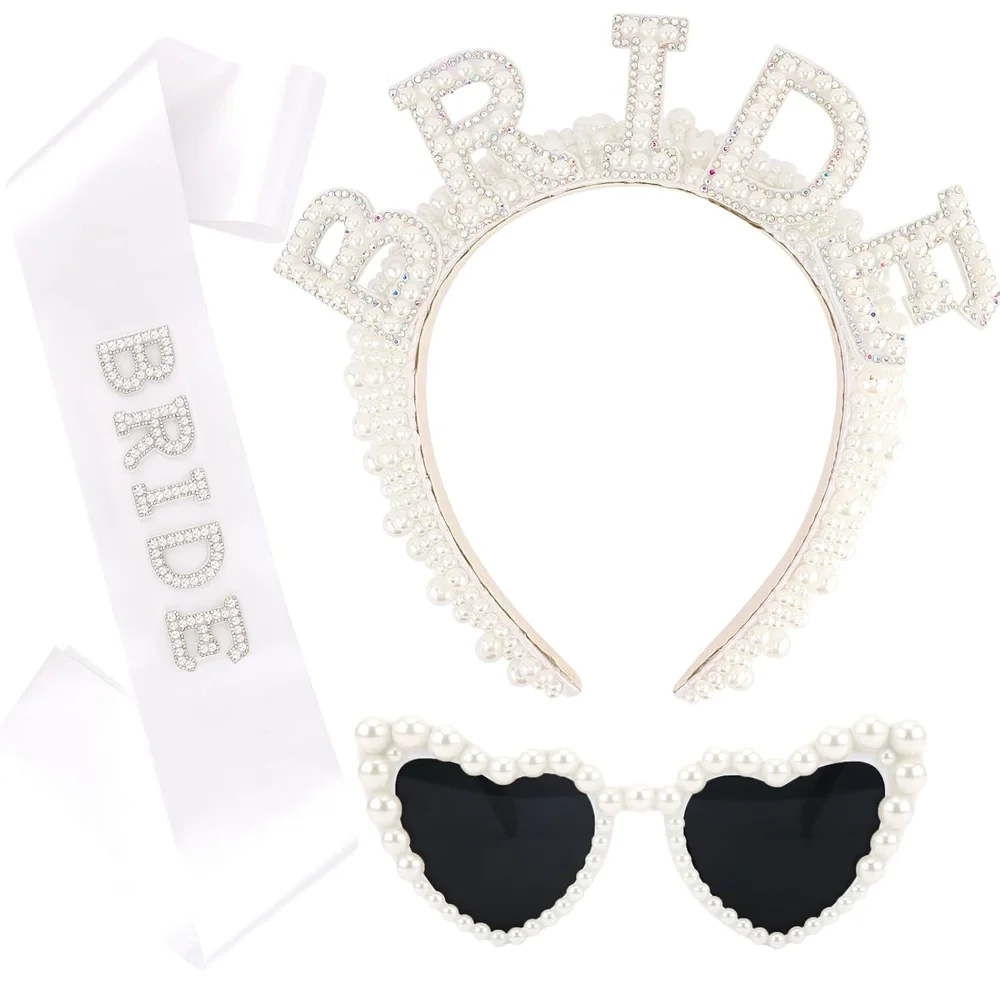

3PCS White Pearl Bridal Set Includes Bride Headband Heart-Shaped Sunglasses Sash Wedding Bachelorette Accessories Photo Props