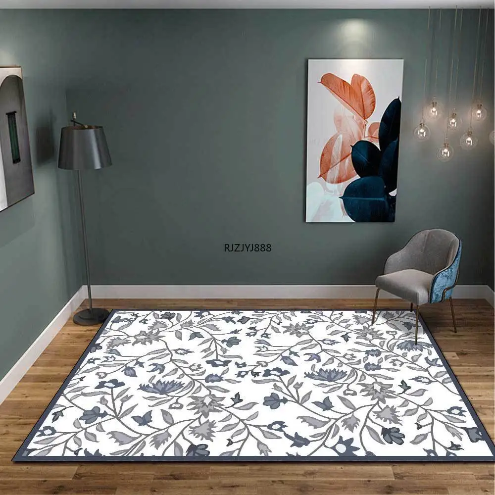 

2022 New American Pastoral Imitation Cashmere Fresh Gray Blue Flower Flowers White Living Room Bedroom Bedside Carpet Floor Mat