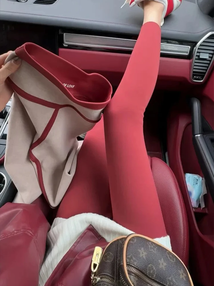 

High Waist Fce Lined Thi Yoga Pants Women's Autumn Winter Red arkskin Tight Elastic Slimming Leggings Base Layer Pants