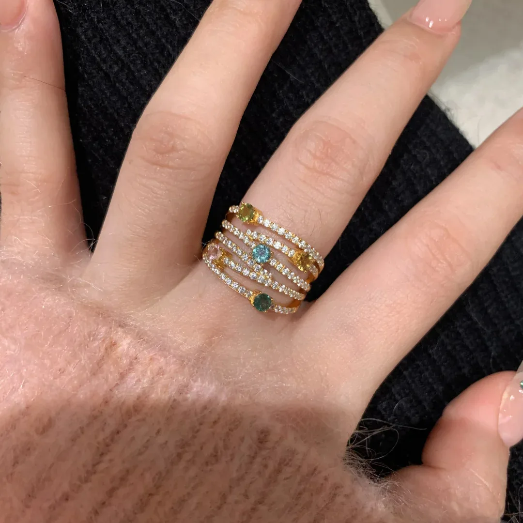 

Light luxury vintage palace style multi-layer inlaid color diamond rings for women exquisite fashion hollow out ring jewelry