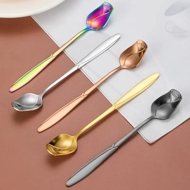 

13/15/17cm Long Handle Coffee Spoon High-quality Rose Small Tea Spoon Stainless Steel Cute Ice Cream Dessert Stirring Spoon