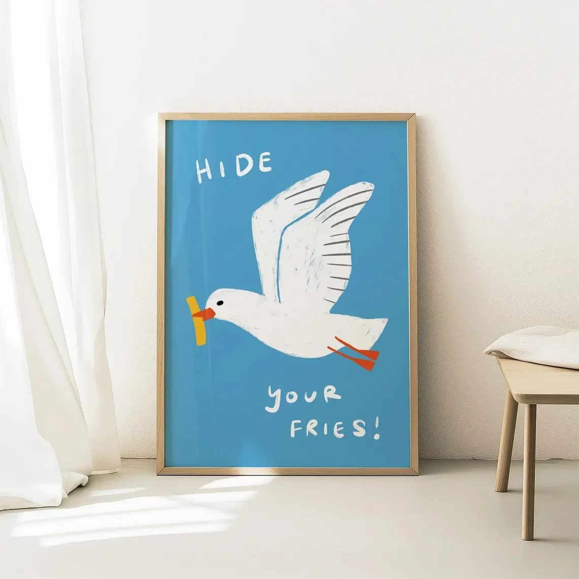Funny Beach Wall Art, Hide Your Fries Print, Seagull Coastal Kitchen Poster, Beach House Wall Art