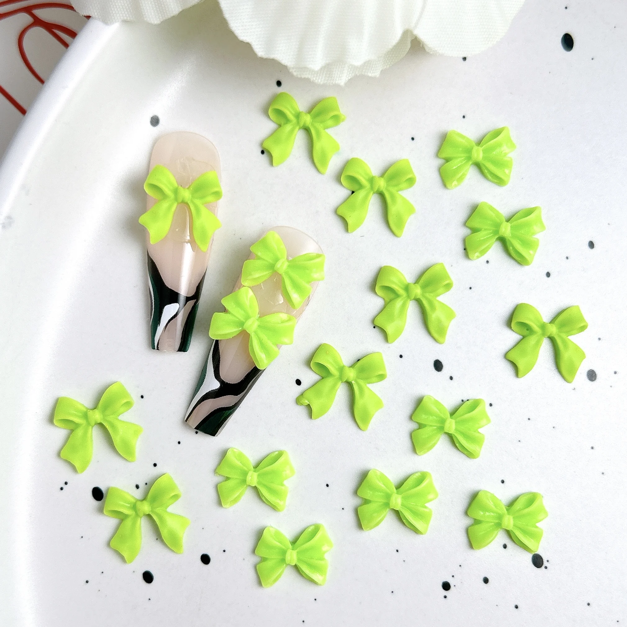 50PCS Fresh Green Ribbon Bow Nail Charms 3D Resin Cute Solid Color Bow Art Accessories for Hair Clip Phone Case Manicure DIY
