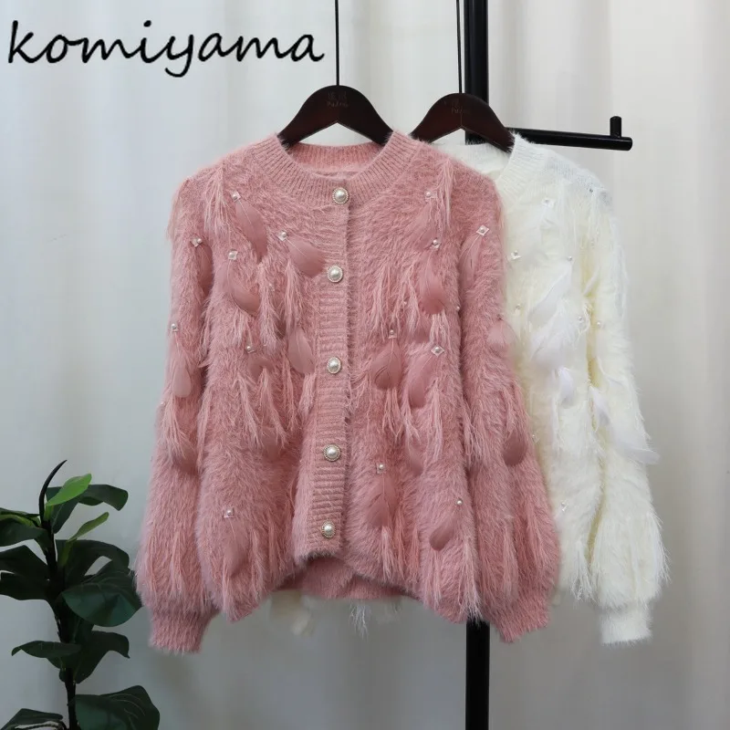 Komiyama Feathers Beading Tassel Cardigans Femme Pearl Button Sweater Fall Womens Clothing V Neck Long Sleeve Knitwears Tops