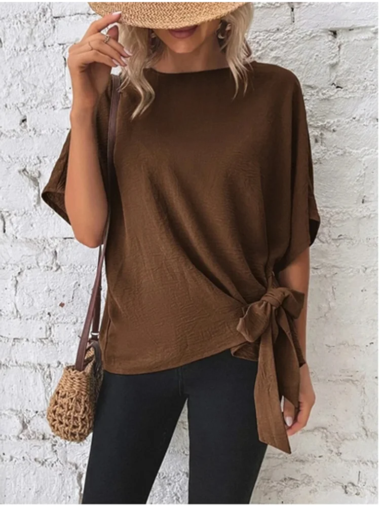 

Women's Loose Bat Sleeved Round Neck T-Shirt Butterfly Tie Short Sleeve Trendy Summer Solid Colors Casual Top