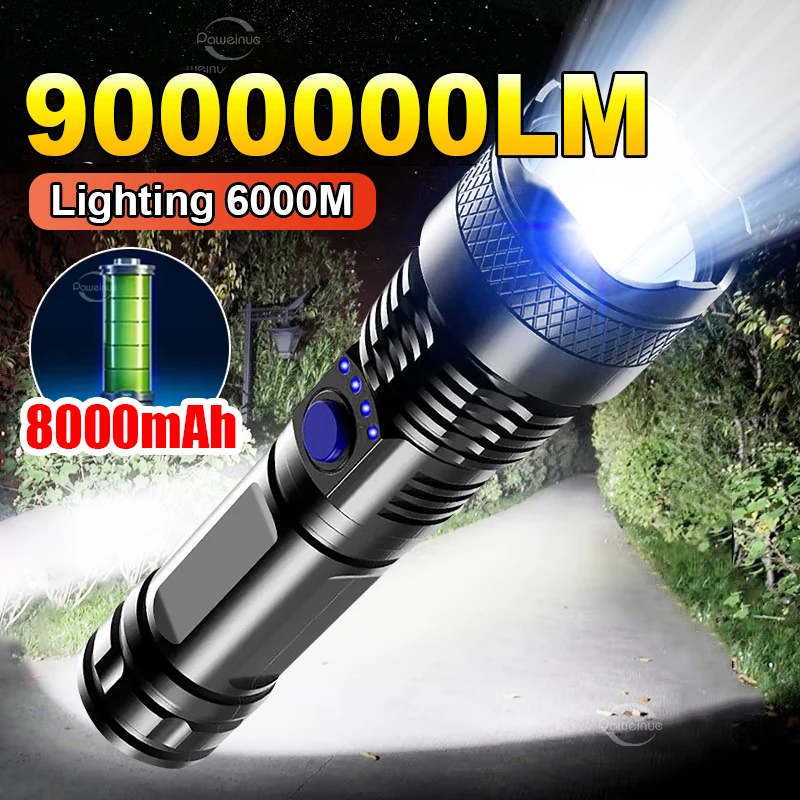 

9000000LM High Power LED Flashlight Super Bright USB Rechargeable Lantern Ultra Powerful Tactical Torch Strong Camping Work Lamp