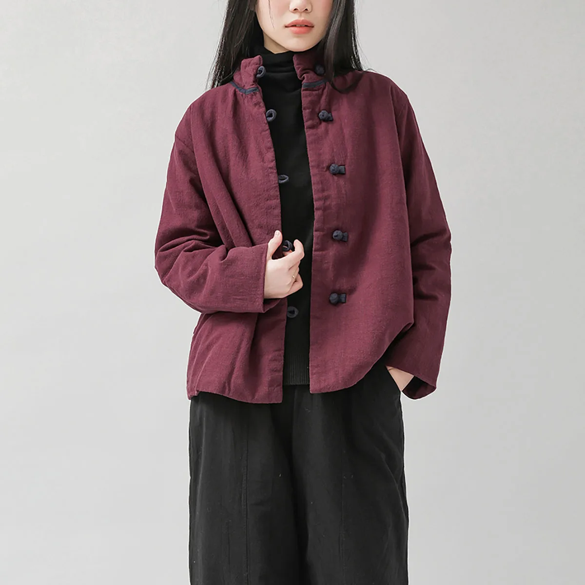 LZJN Solid-colored Retro Chinese Style Warm Cotton-Padded Coat with New Chinese Knot Buttons and Color-Clashing Zen Design