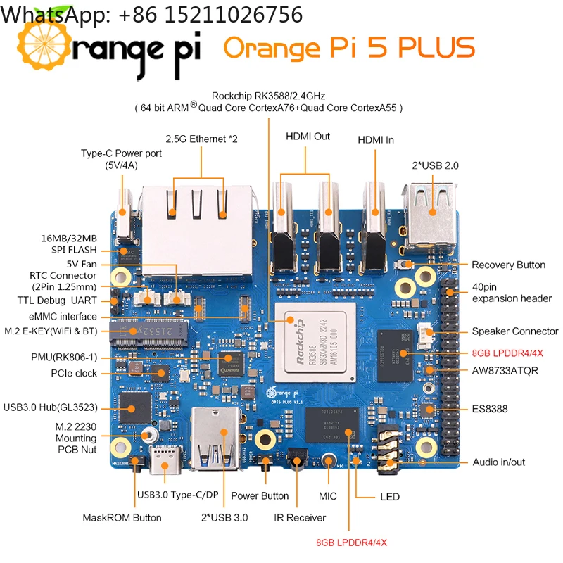 Orange Pi 5 Plus 4G 8G16G RK3588 2,5G Двойные порты Ethernet с расширителем PCIE SBC Работает ОС Android Ubuntu Debian