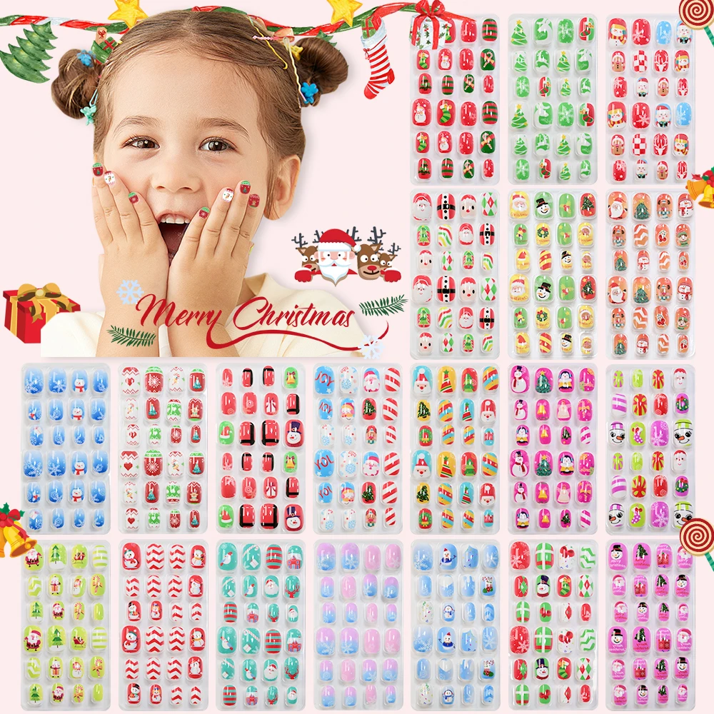 24pcs/Box Cartoon Christmas Series Press on Nails Nail Tips Santa Claus Snowman Fake Nail Tips Nail Art Decorations Grils Gifts