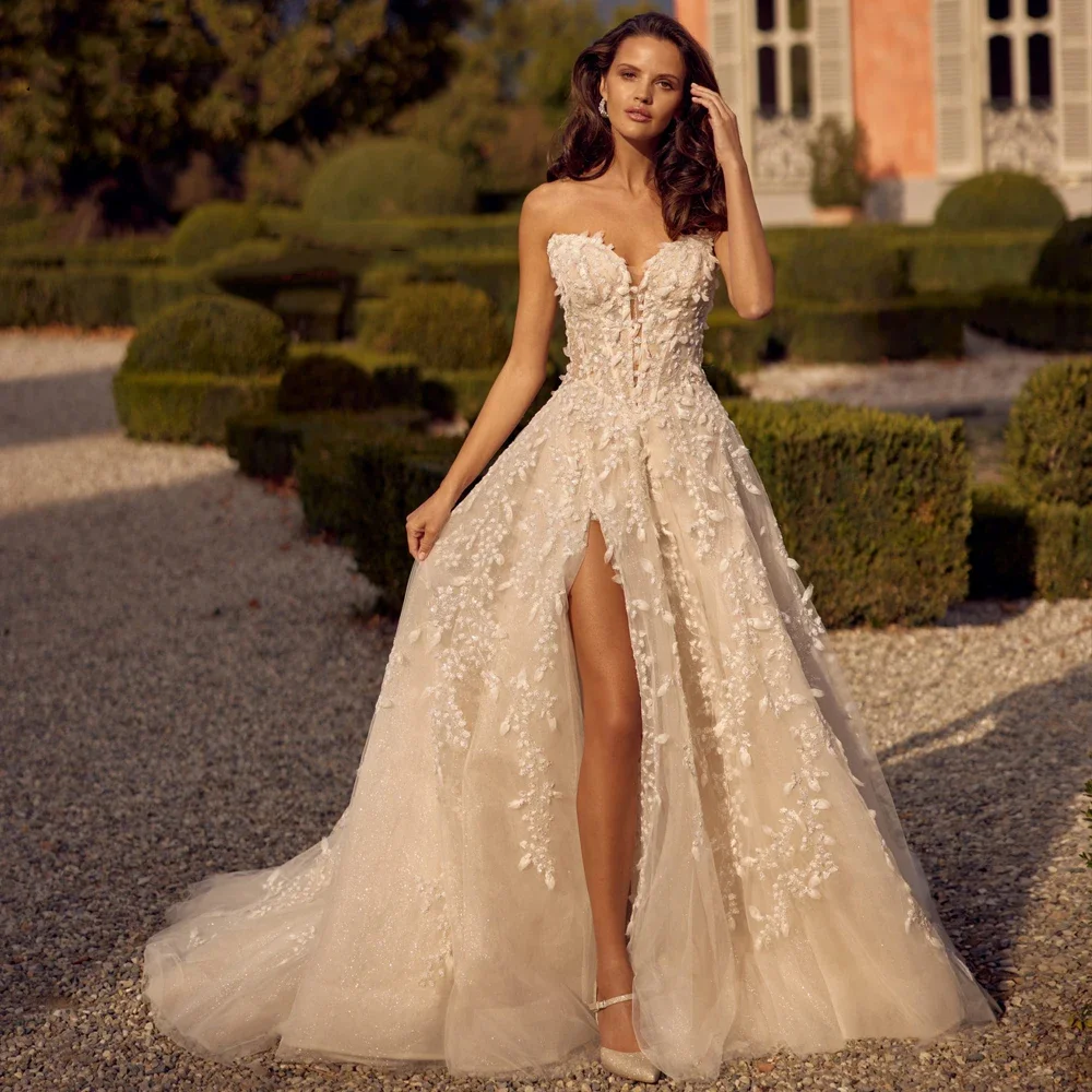 Elegant Off Shoulder Lace Decal Wedding Dress Sweetheart Collar No Cuff Button A-line Side Split Bridal Dress Customization 2026