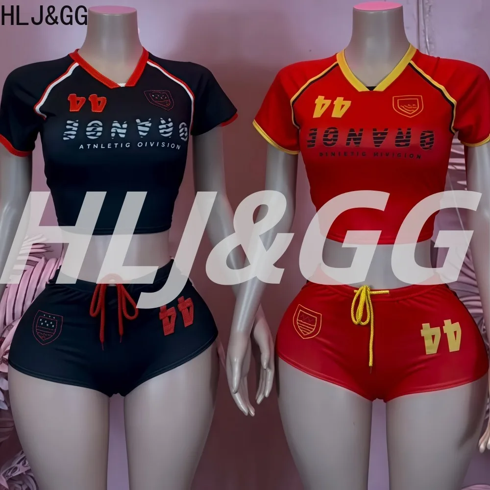 

HLJ&GG Summer New Fashion Letter Printing Woman 2 Piece Set Outfit Short Sleeve Crop Tops + Shorts Suits Female Streetwear 2025