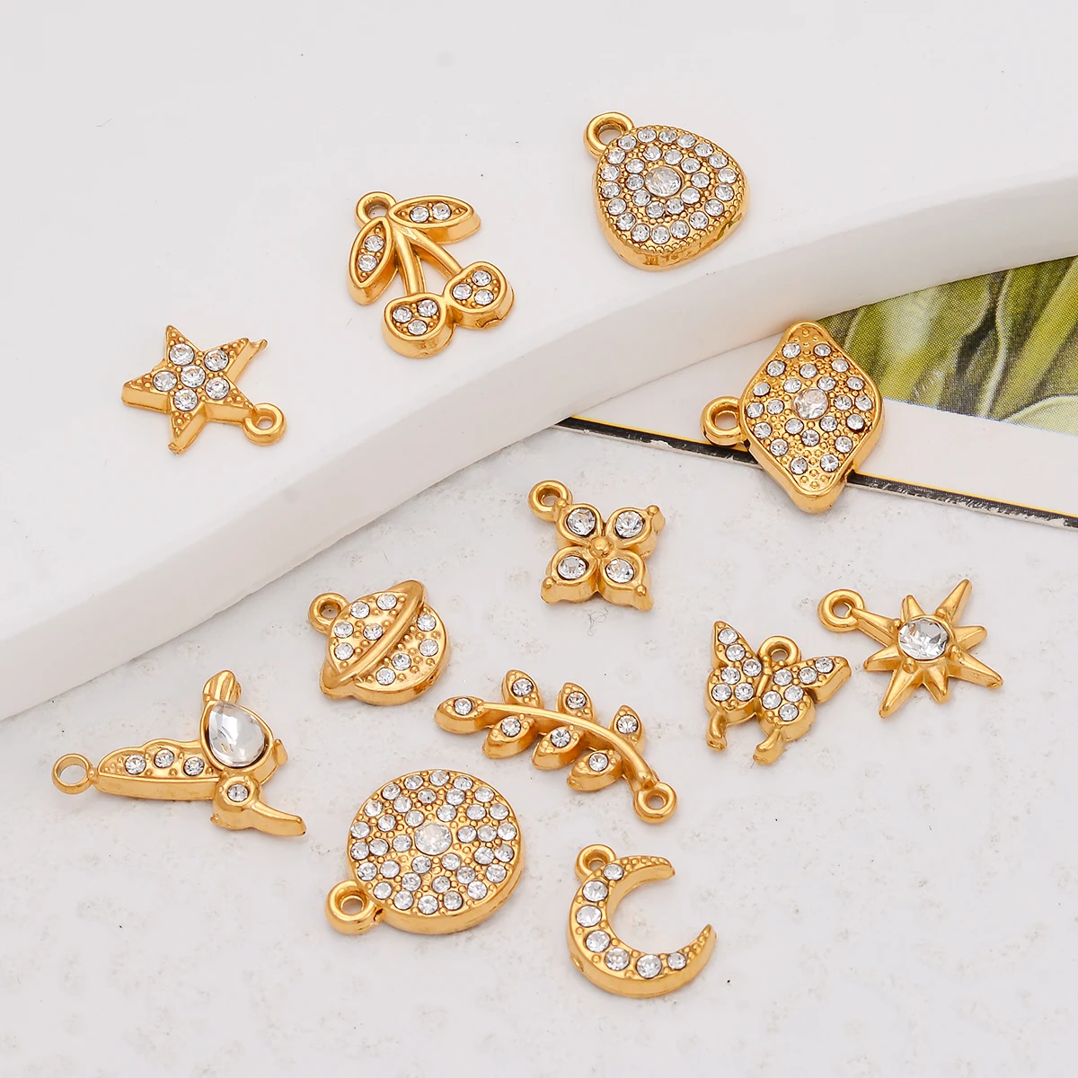 5PCS Stainless Steel Rhinestone Butterfly Cherry Leaf Moon Star Charms DIY Jewelry Necklace Bracelet Earrings Making Supplies