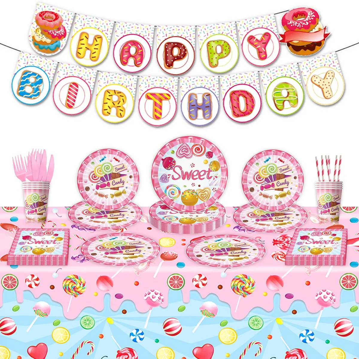 10Guests Pink Candy Lollipops Theme Disposable Tableware Sweet Candy Plates Cups Napkin Kids Girls Happy Birthday Party Supplies