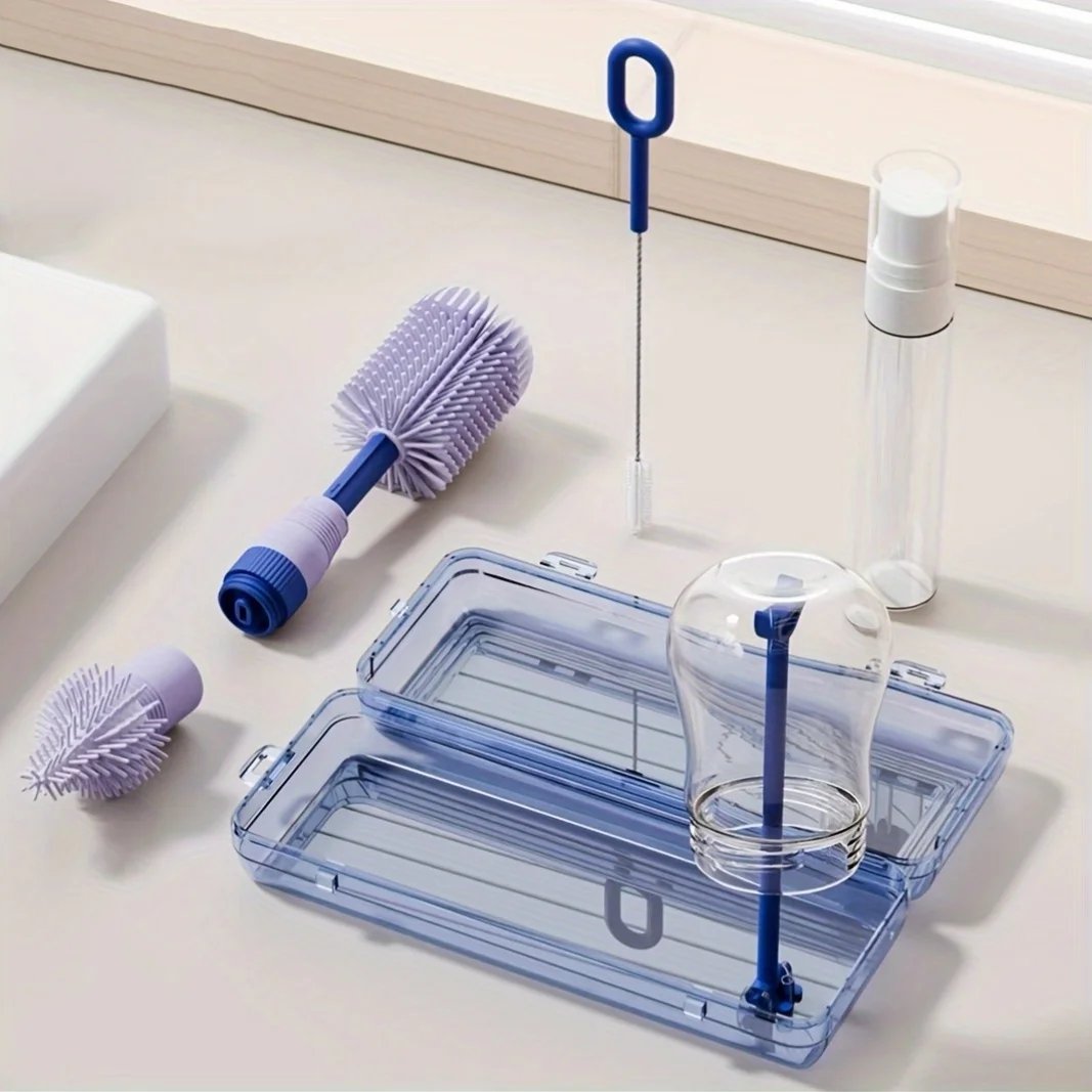 6pcs/pack Portable Silicone Bottle Brush Set with Case, Including Bottle Brush, Nipple Brush, Straw Brush,Spray Bottle,Bottle Rack, Milk Bottle Cleaning Set Perfect for Outdoor Travel