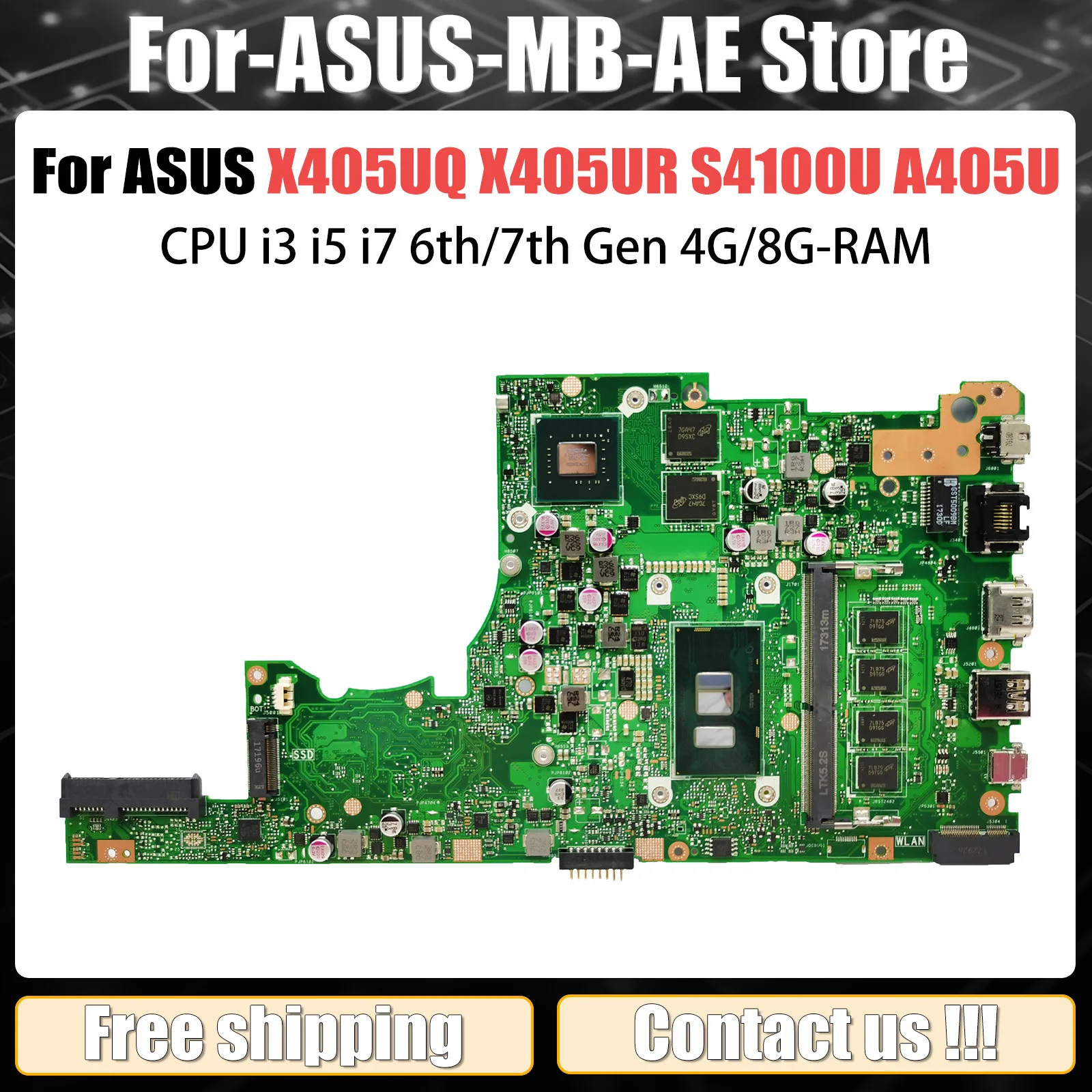 X405UQ For ASUS X405UR S4100U X405UA V405U A405U S405U K405U F405U Laptop Motherboard CPU i3 i5 i7 6th/7th Gen 4G/8G-RAM