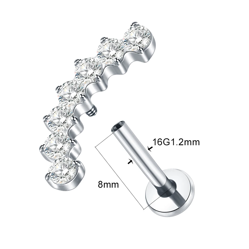 1/5pcs Implant Grade Titanium 7 Round Zircon Stud Earrings Internal Thread Labret Lip Stud Cartilage Tragus Piercing Body Jewelr