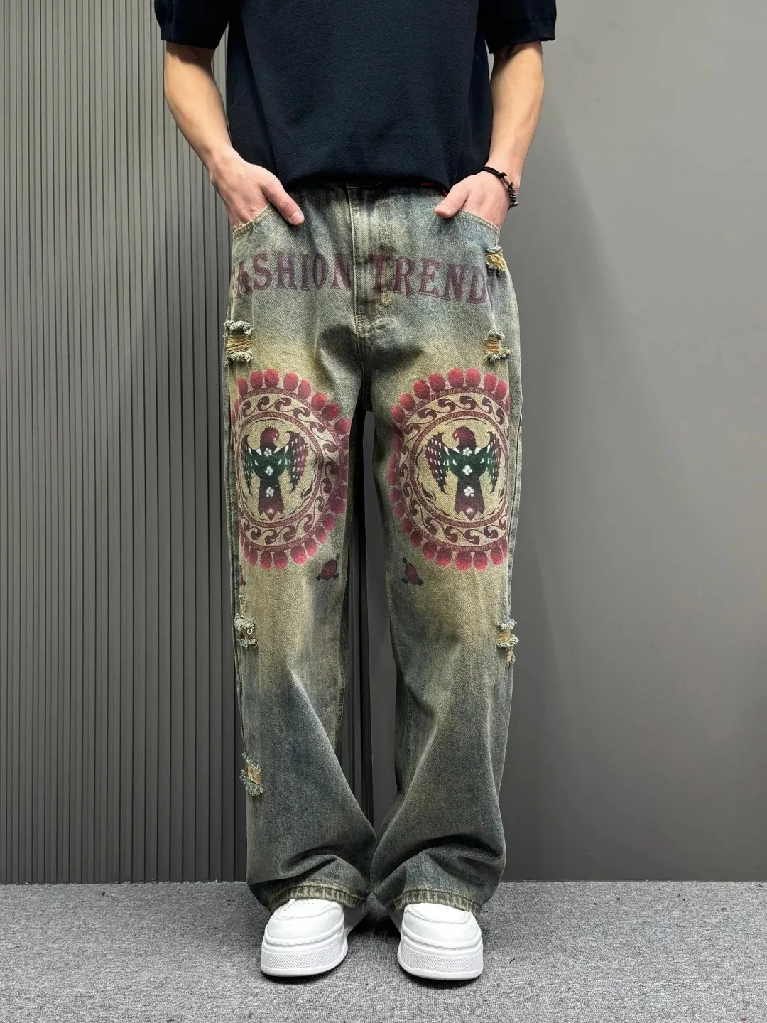 2026 New American hip-hop Vintage baggy jeans men's Harajuku high waist Y2K wide-leg pants Gothic wide pants Streetwear pants