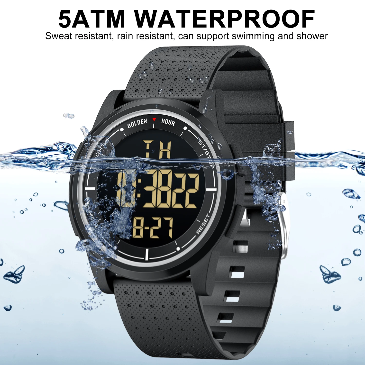 GOLDENHOUR Fashion Outdoor Sport Watch Men Multi-functional Alarm Clock Chrono 5Bar Waterproof Digital Watch Silicone  Strap