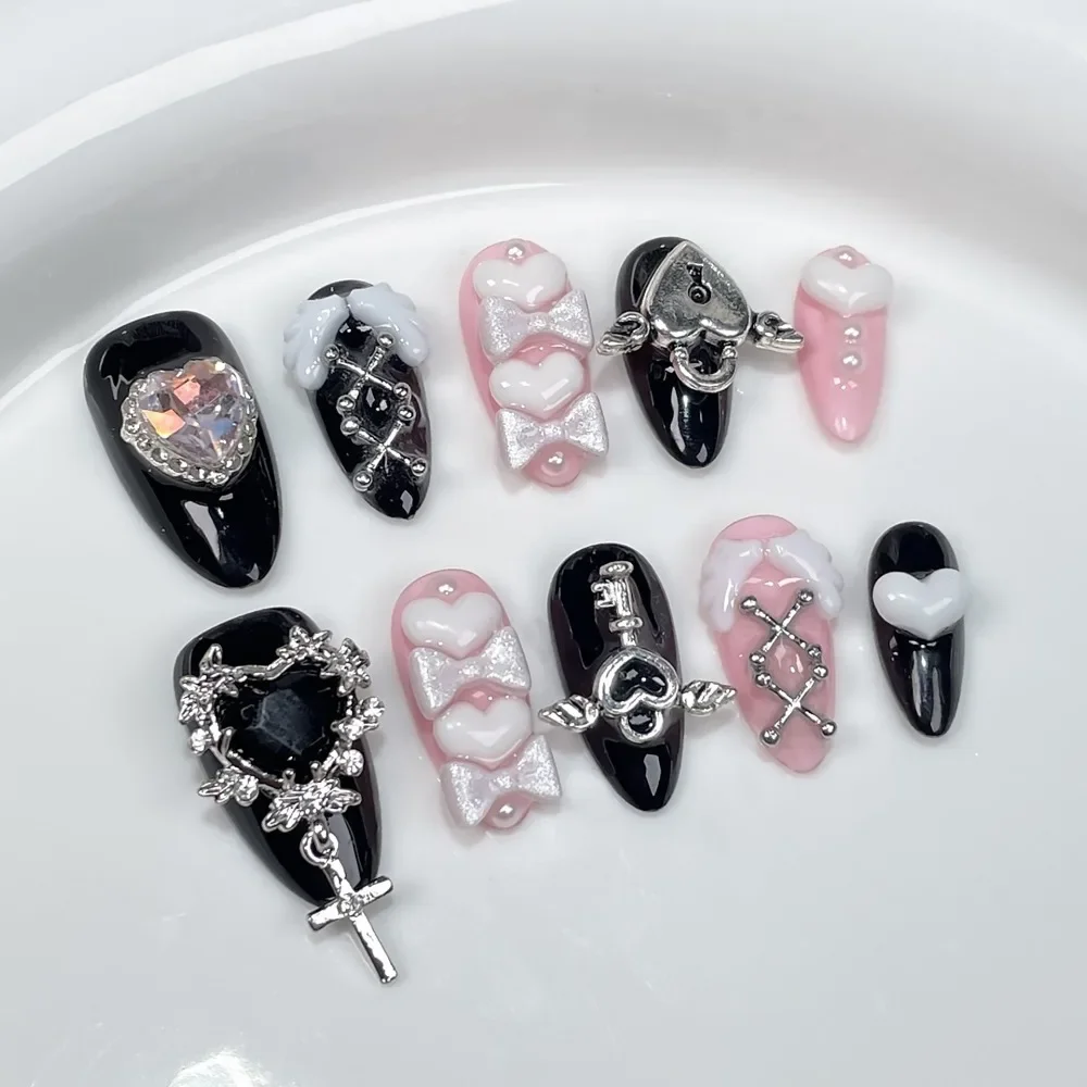 Y2k Spice Girl Handmade Wearable Nail Black Pink Sweet Cool Nail Art Bow LoveDiamond Almond Fake Nails Festivals Gift