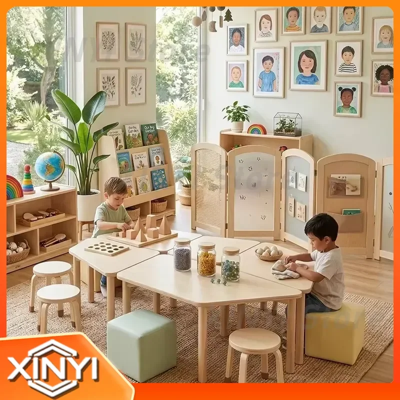 Montessori Kids Table and Chair Set for Children Learning Furniture for Daycare Nursery Preschool Classroom Wooden Desk Chair