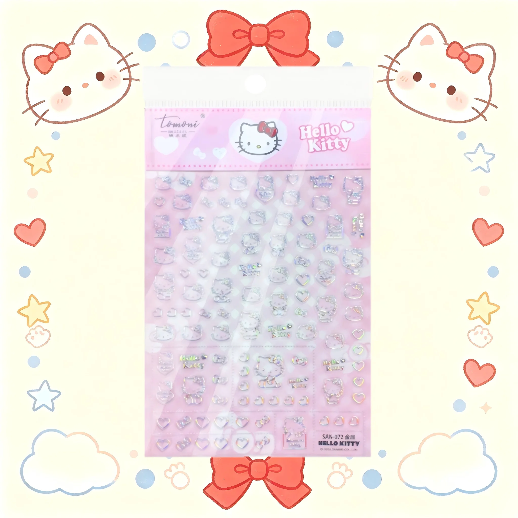 1PCS 5D Sanrio Nail Stickers Adorable Round-Faced Hello Kitty Nail Art Decorations Red Bow Charming Cat Girl Stickers