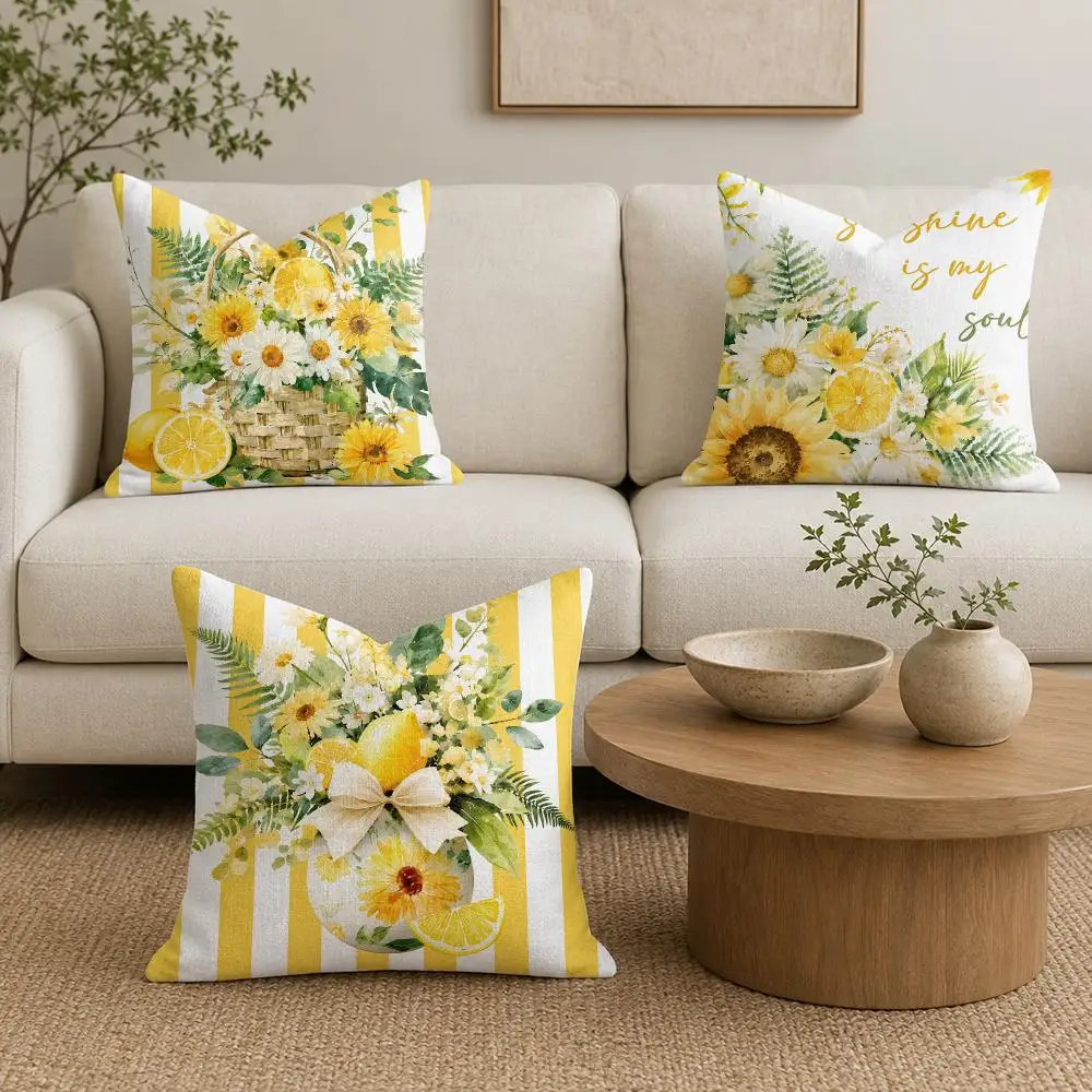 Summer Daisy Lemon Cushion Cover Natural Linen Organic Fabric Double-Sided Printing Sofa Home Decor Gift Pillow Cover