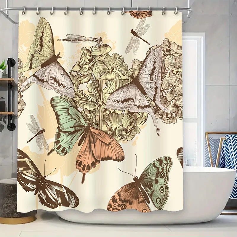 

Винтажный цветочный принт бабочки, занавеска для душа, декор для дома, ванной комнаты, водонепроницаемый подвесной ковер, украшение