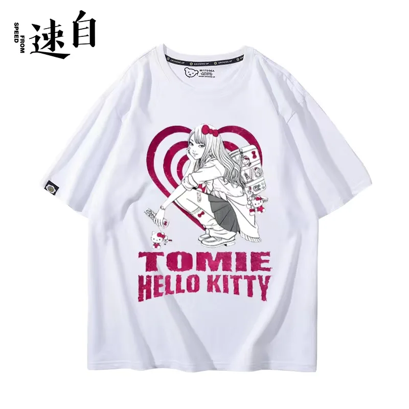 Cartoon Hello Kitty Tomie Kawakami T Shirt 100% Cotton Printed Sanrio Tomie Junji Ito T-shirt for Women Men Loose Oversized Tees