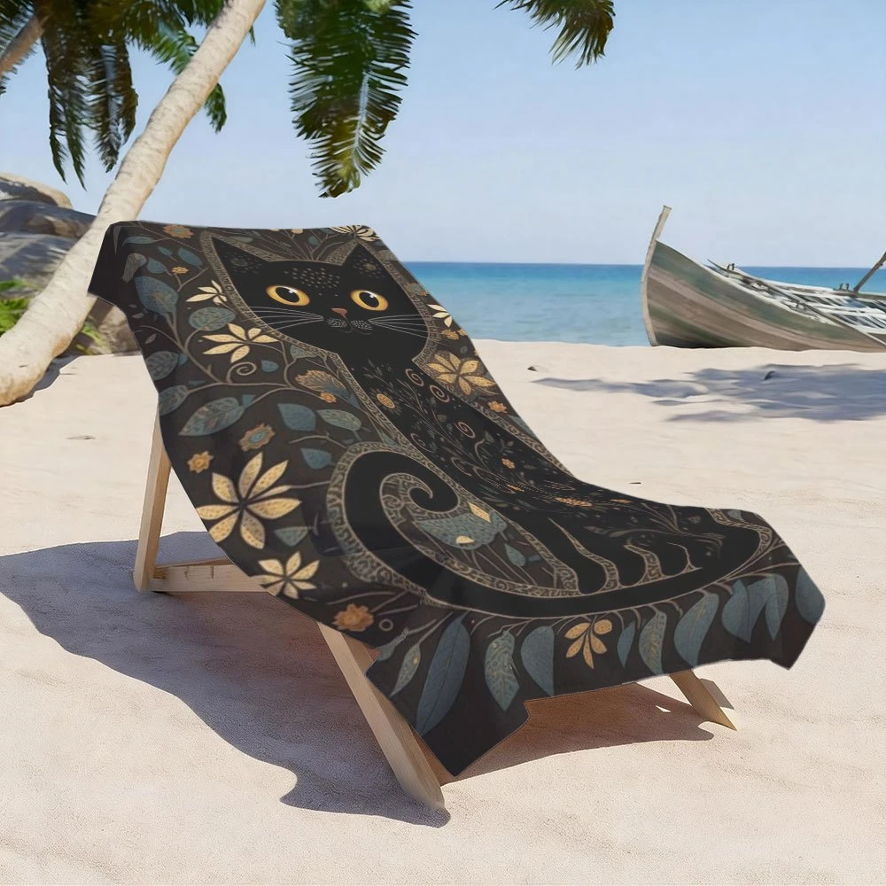 Summer Holiday Beach Towel 1Pc Microfiber 2D Flat Printed Sandproof Waterproof Mystic Cat Floral Travel Sea Mat
