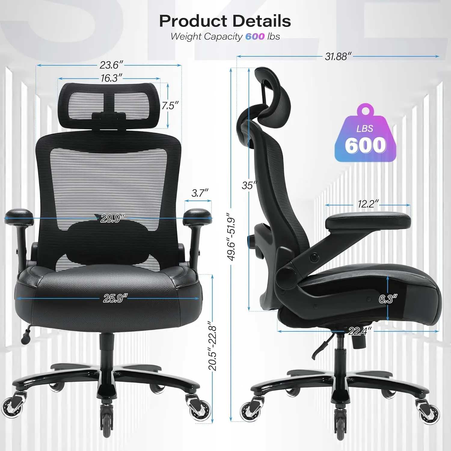 كرسي مكتب كبير وطويل بوزن 600 رطل، مسند رأس قابل للتعديل، ظهر شبكي مريح مع دعم قطني، عجلات كبيرة شديدة التحمل – تنفيذية