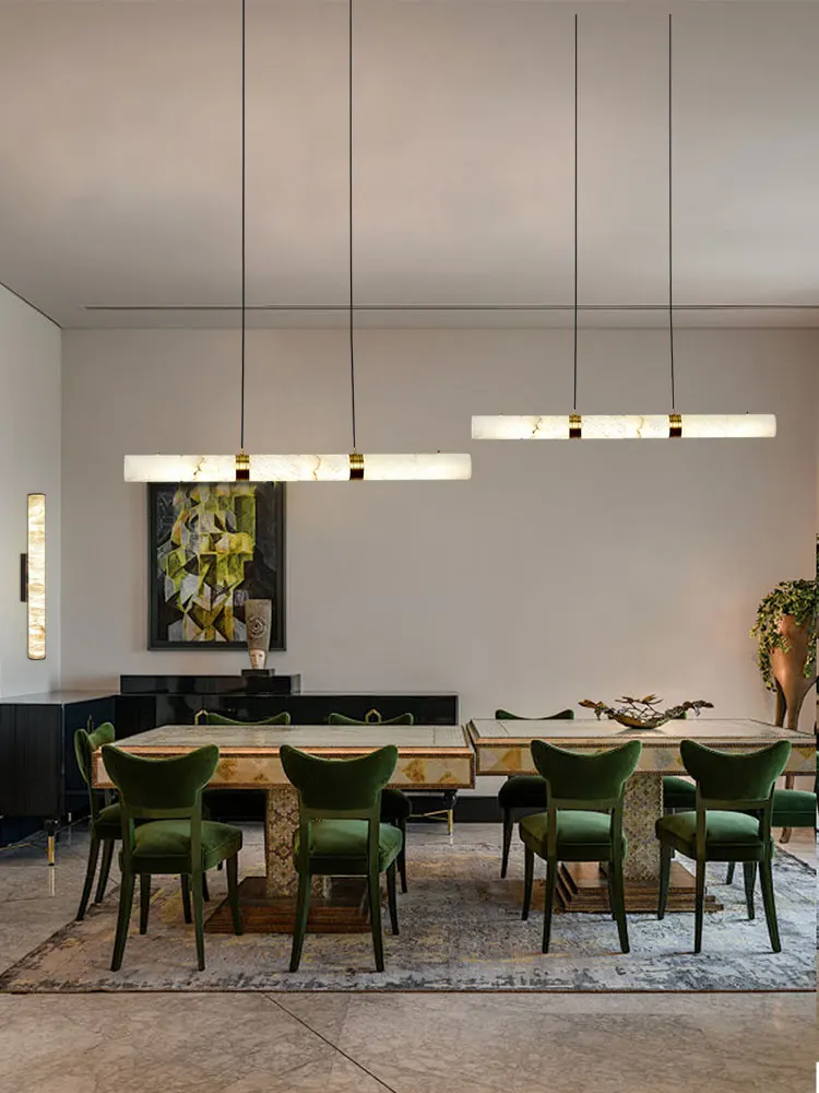 عكس الضوء LED الرخام الخطي مصابيح معلقة LED أضواء الثريا الأبيض المرمر تعليق الإنارة مصباح لغرفة الطعام