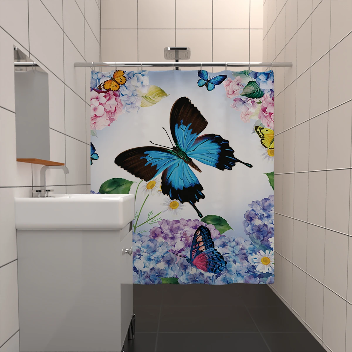 Blue Butterflies and Flowers Shower Curtain Gift Modern Home Bathroom Decoration with 12 Hooks