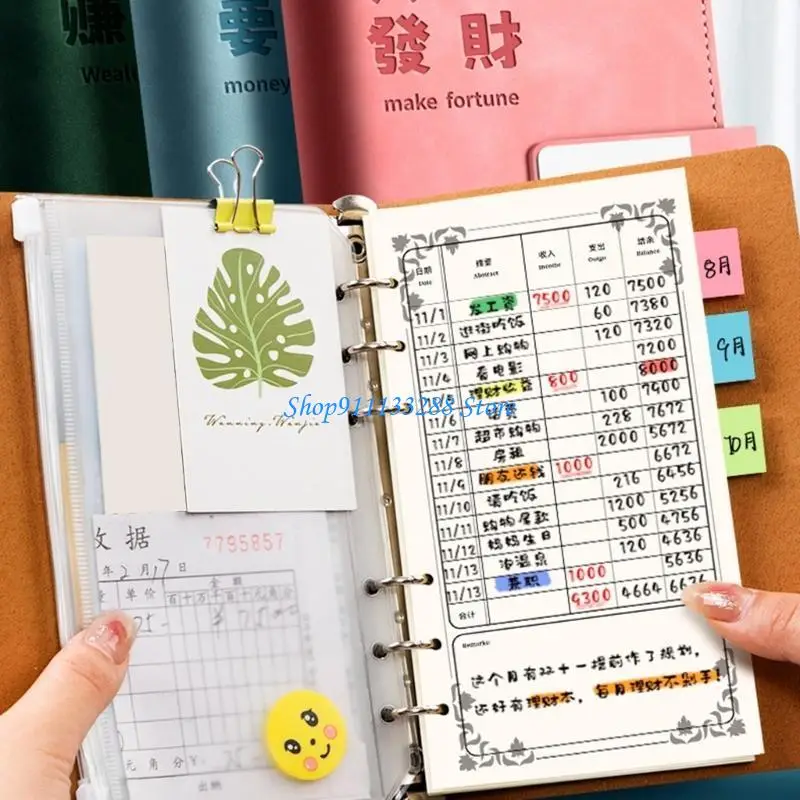 G88D เครื่องหนังนักวางแผนงบประมาณ 90 หน้าแผ่นงบประมาณ 6 วงแหวน Binder ครอบคลุมสมุดบันทึกเงินที่เติมได้สำหรับการวางแผน